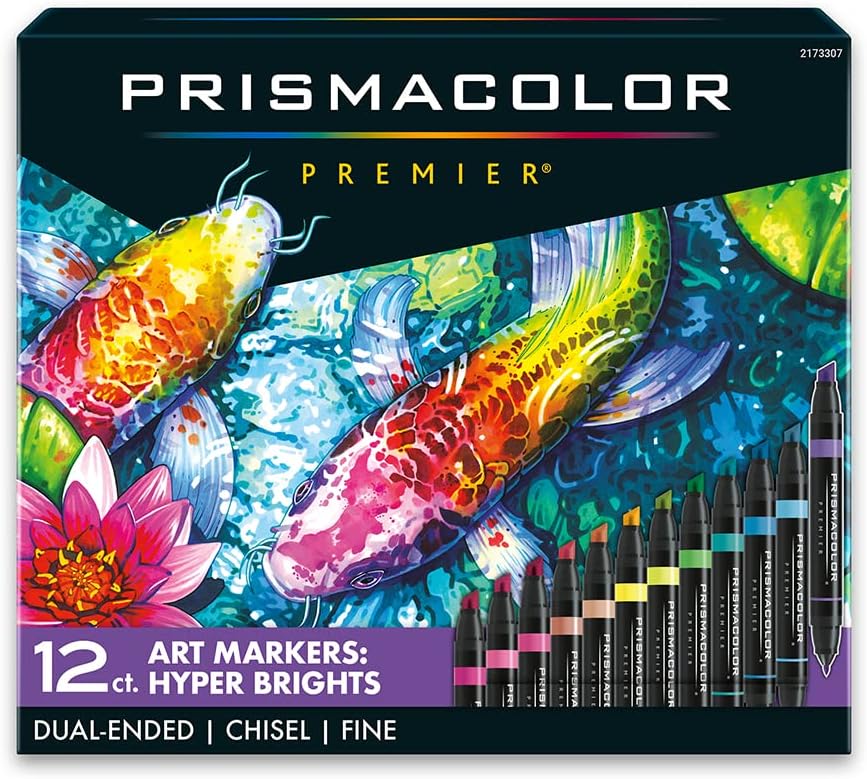 Prismacolor Premier Dual-Ended Art Markers, Chisel Tip and Fine Tip, Hyper Bright Colors, 12 Count