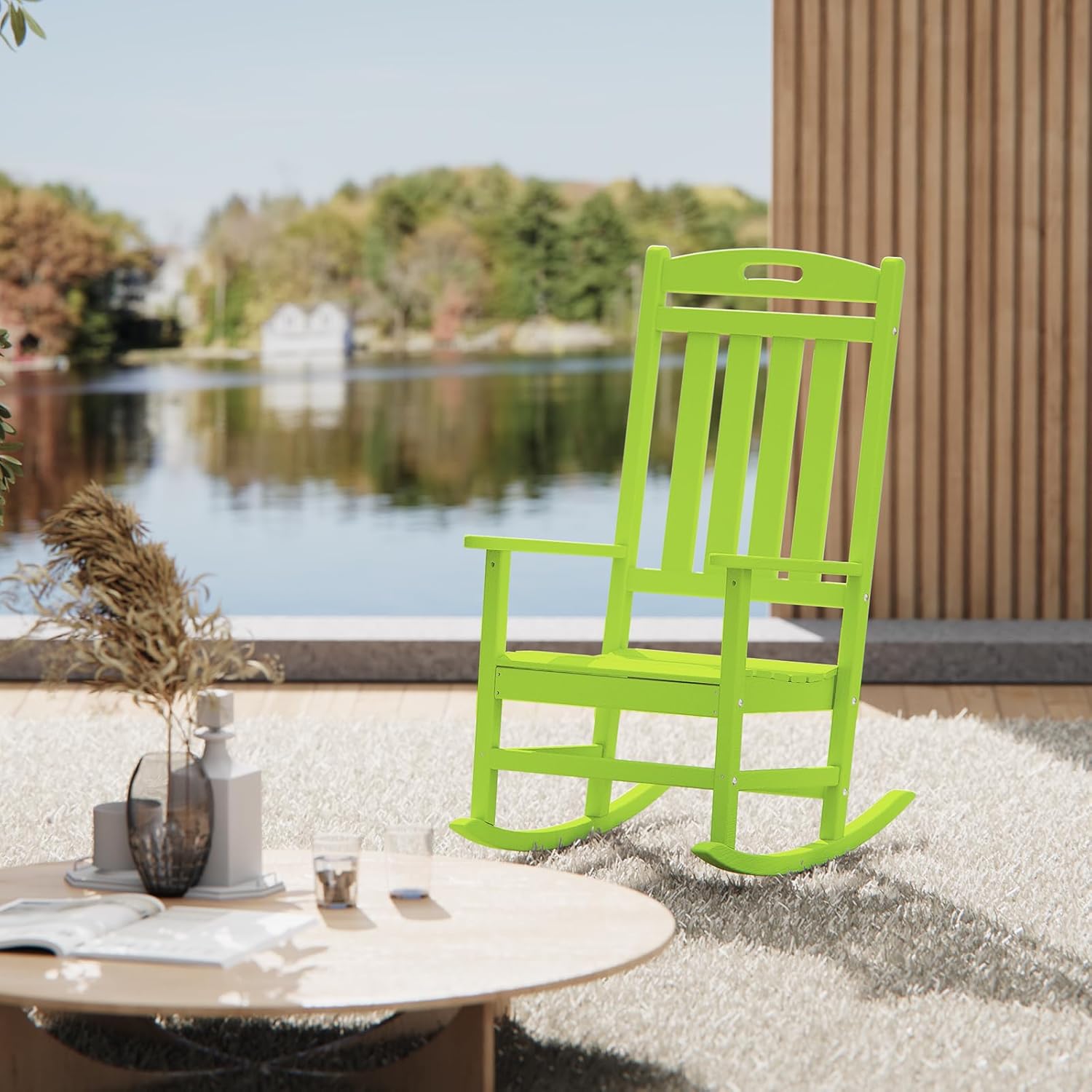 Outdoor Rocking Chair, High Back HDPE Patio Chair, All Weather Rocker Porch Chair, Lawn Chair for Deck, Porch, Backyard, Garden and Indoor, Lime