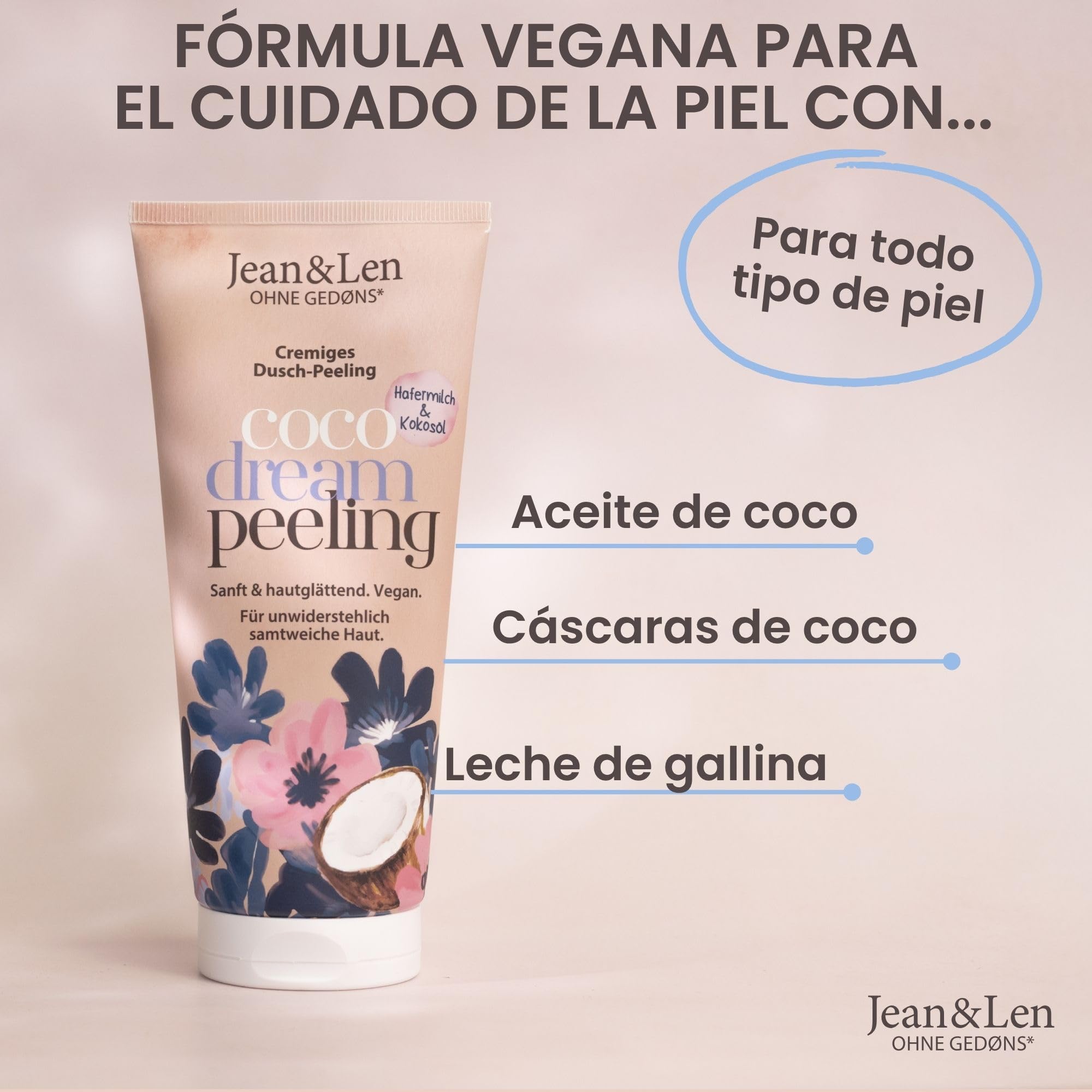 Jean & Len Exfoliante de ducha Leche de avena y coco, con partículas exfoliantes de cáscara de coco, elimina las células muertas, deja la piel aterciopelada, sin siliconas, Body Scrub vegano, 200 ml