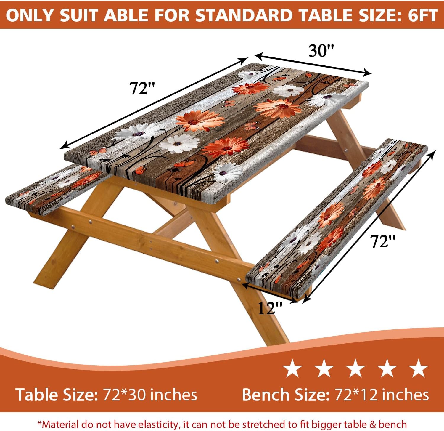 Camping Fitted Picnic Table Cover with Bench Covers and Bag, 8ft Outdoor Waterproof Camper Rustic Orange Floral Wooden Fitted Picnic Table Cover Cloths with Elastic Edges for Patio Camping Essentials
