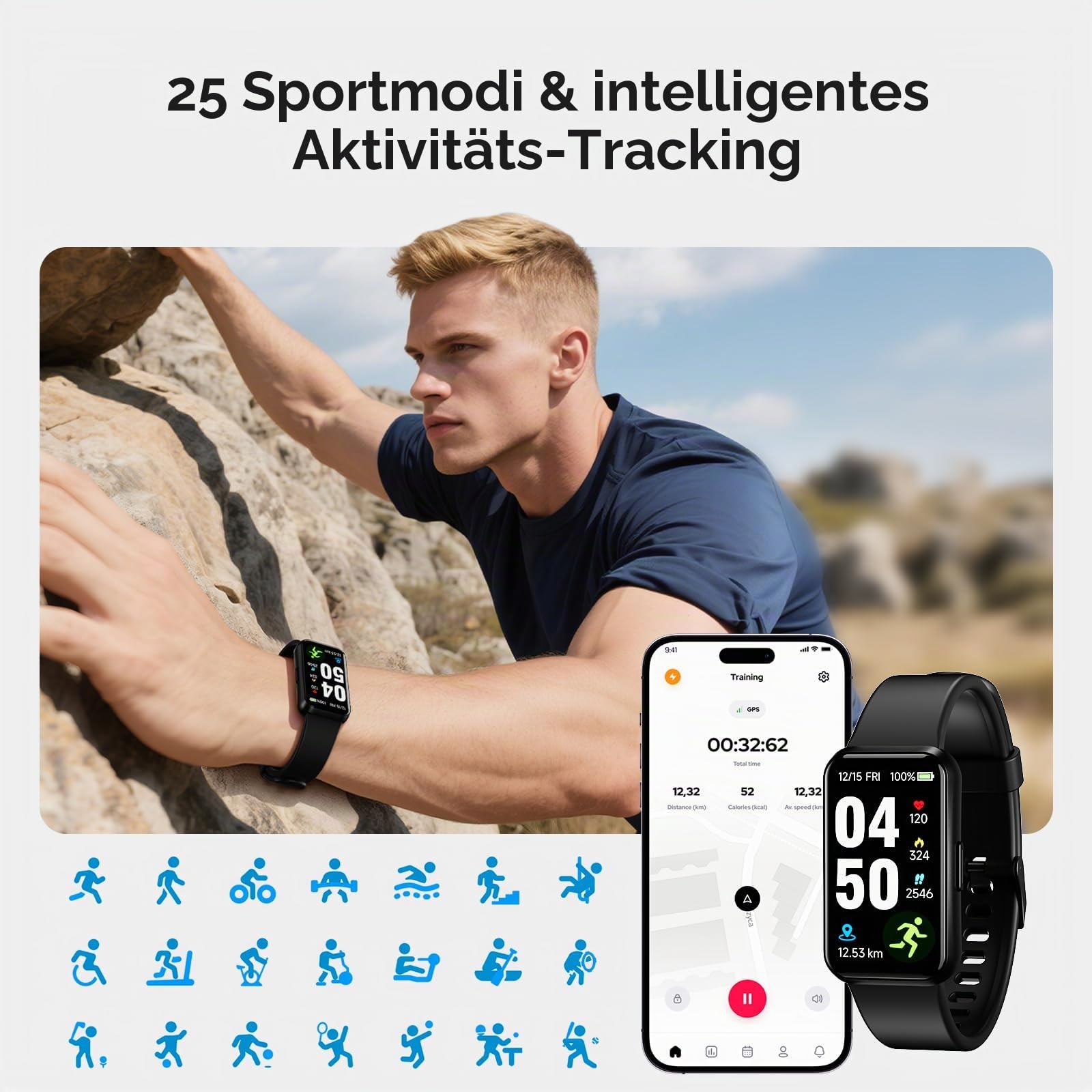 Fitness Trackers,1,47" OLED Display,5ATM IP68 Wasserdicht Fitnessuhr Armband, Aktivitätstracker mit 24h Herzfrequenz, Schlaf, Schrittzähler Smartband Herren Damen Uhr Sportuhr (Schwarz)