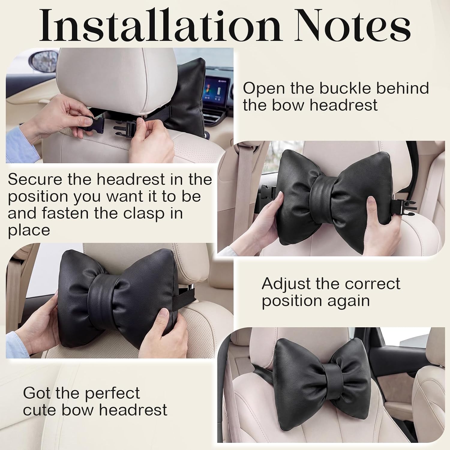 Macarrie 2 Pack Bow Car Headrest Pillows PU Plush Neck Pillows for Travel Bow Seat Neck Support Cushion Cute Head Rest Accessories for Driving Travel Driver Office Chair Decor(Black)