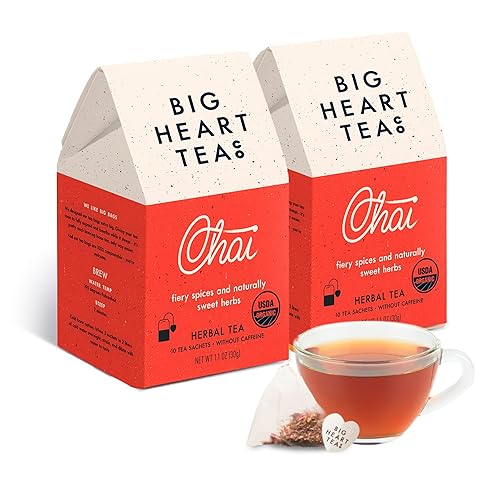 Big Heart Tea Co. Bolsas de té Fiery Masala Chai - Té descafeinado de hierbas ayurvédicas orgánicas certificadas con pequeñas hierbas dulces molidas Big Heart Tea Co. Bolsas de té Fiery Masala Chai - Té descafeinado de hierbas ayurvédicas orgánicas certificadas con pequeñas hierbas dulces molidas