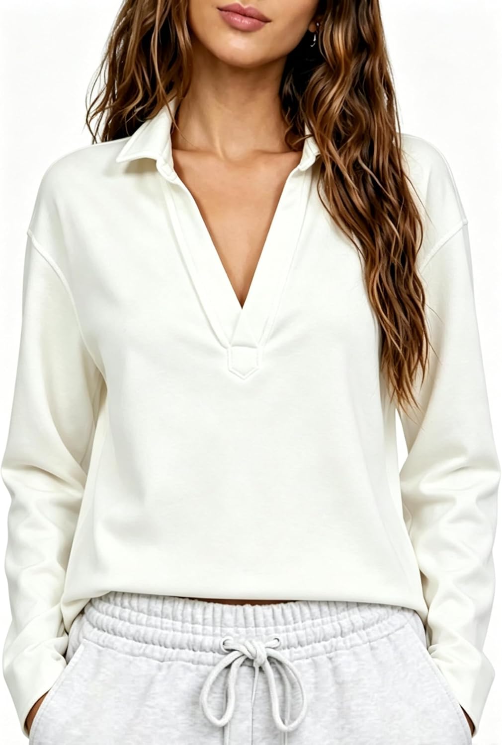 Zontroldy Women's Casual V Neck Pullover Sweatshirt Long Sleeve Solid Color/Stripe Polo Collared Shirts Tops