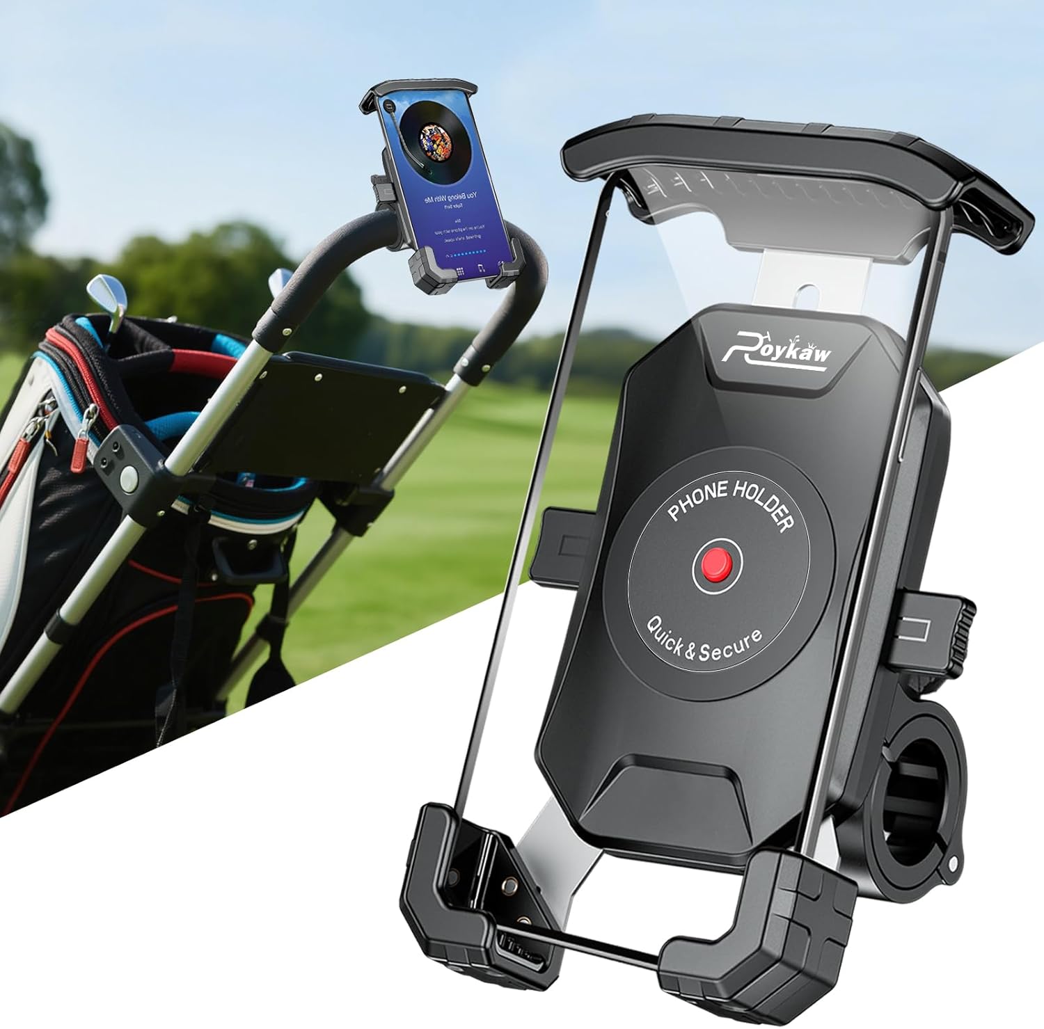 Roykaw Golf Push Cart Phone Holder, Universal Compatible with Caddytek, Clicgear and Most Push Carts, Fits for All Cell Phone, Fully Protection, Easy Installation