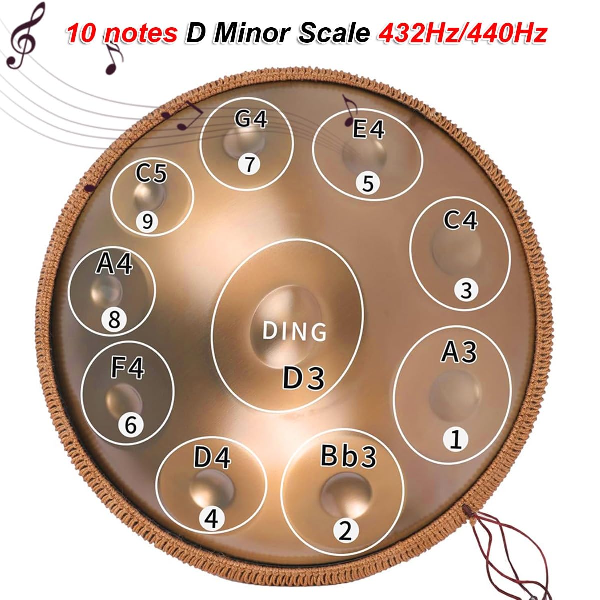 Tamburo in Acciaio in D Minor 10 Note 58cm 432HZ/440 HZ, Hand Drum Percussione per adulti Meditazione Personale(Nero,440Hz)