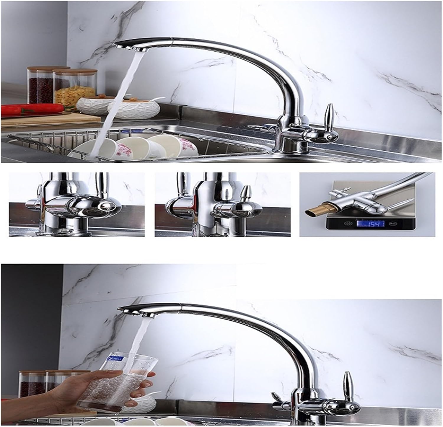 Gourmet Kitchen Faucet Kitchen Sink Faucet Full Copper 360° Rotating Pure Water Cold and Hot Water Black Kitchen Faucet (Color : Silver)