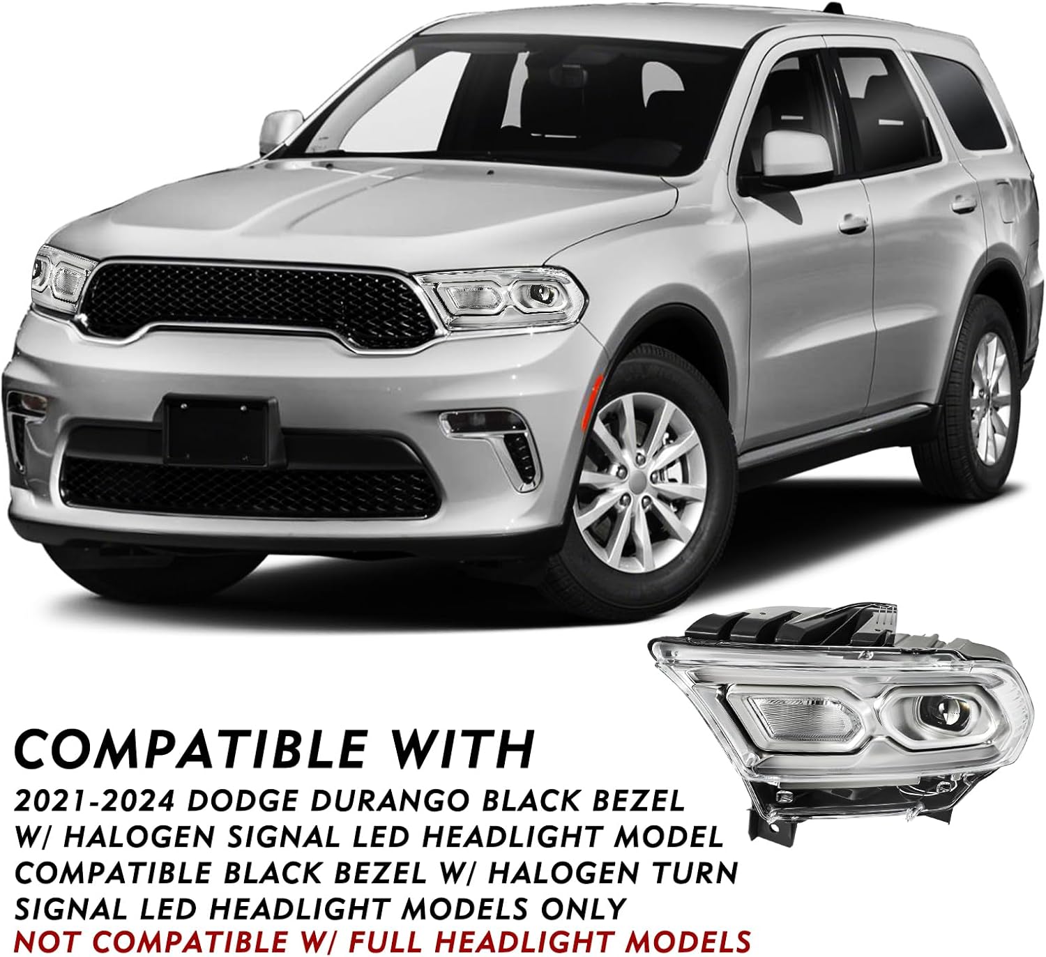 TUSDAR Headlight Assembly Compatible with 2021 2022 2023 2024 Dodge Durango, Chrome Housing w/DRL Projector and Halogen Turn Signal Driver & Passenger Side