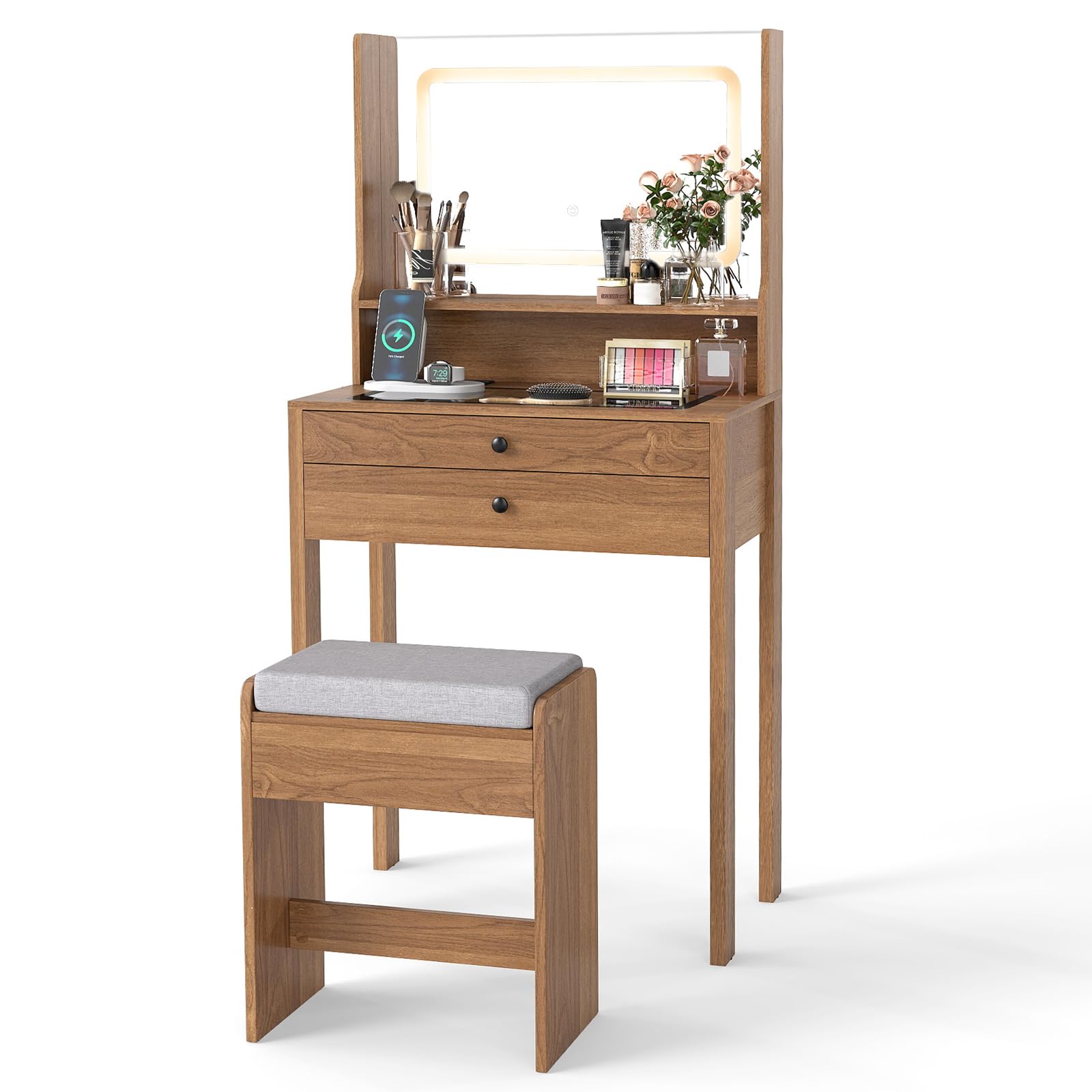 COSTWAY Small Dressing Table with Adjustable 3-Color LED Lights Mirror and Stool, 64cm Compact Bedroom Makeup Table Vanity Desk with Charging Station, Tempered Glass Top, Shelf & 2 Drawers (Natural)