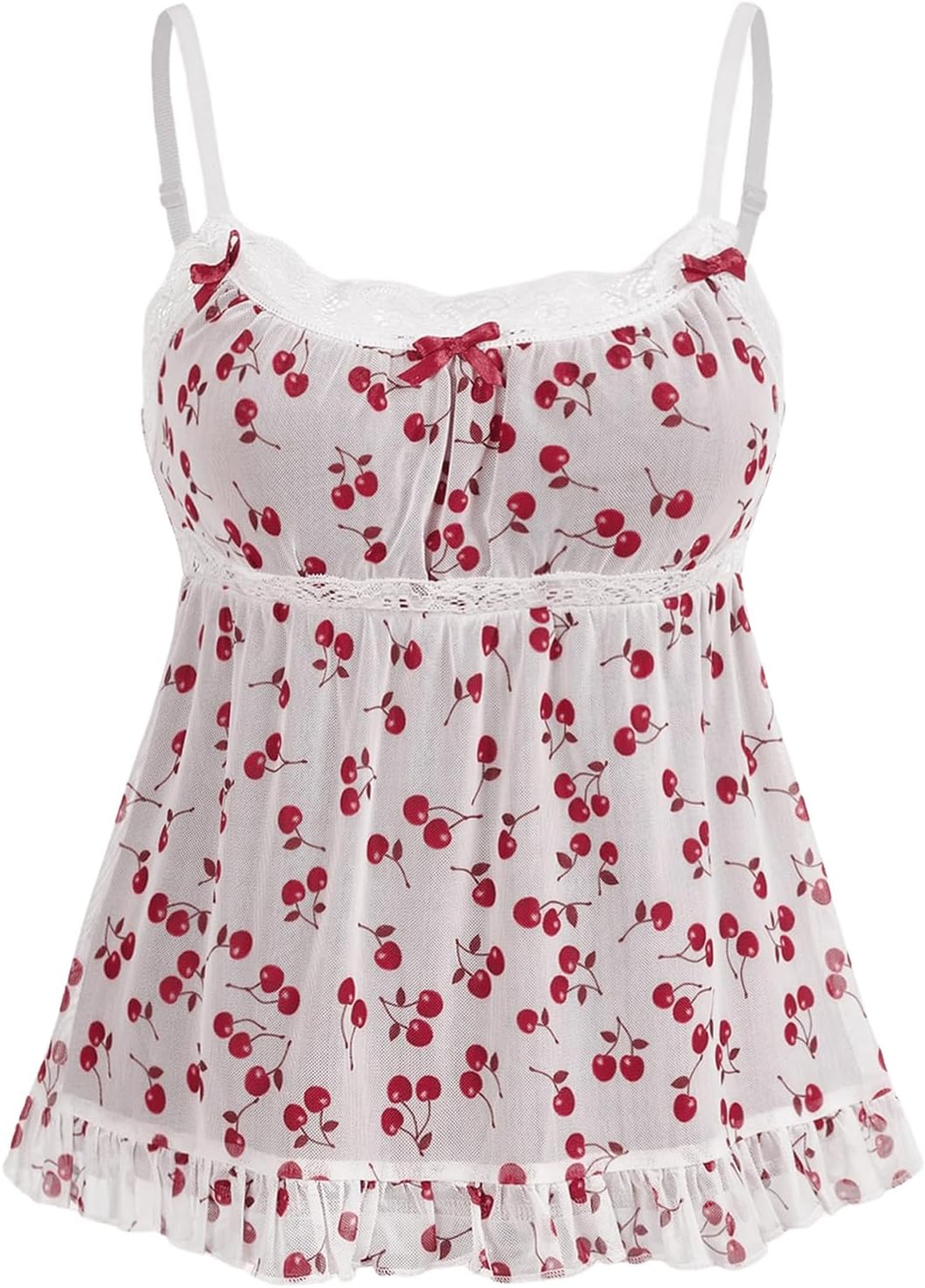 WDIRARA Women's Plus Size Strawberry Print Cami Top Mesh Camisole Lace Peplum Tops