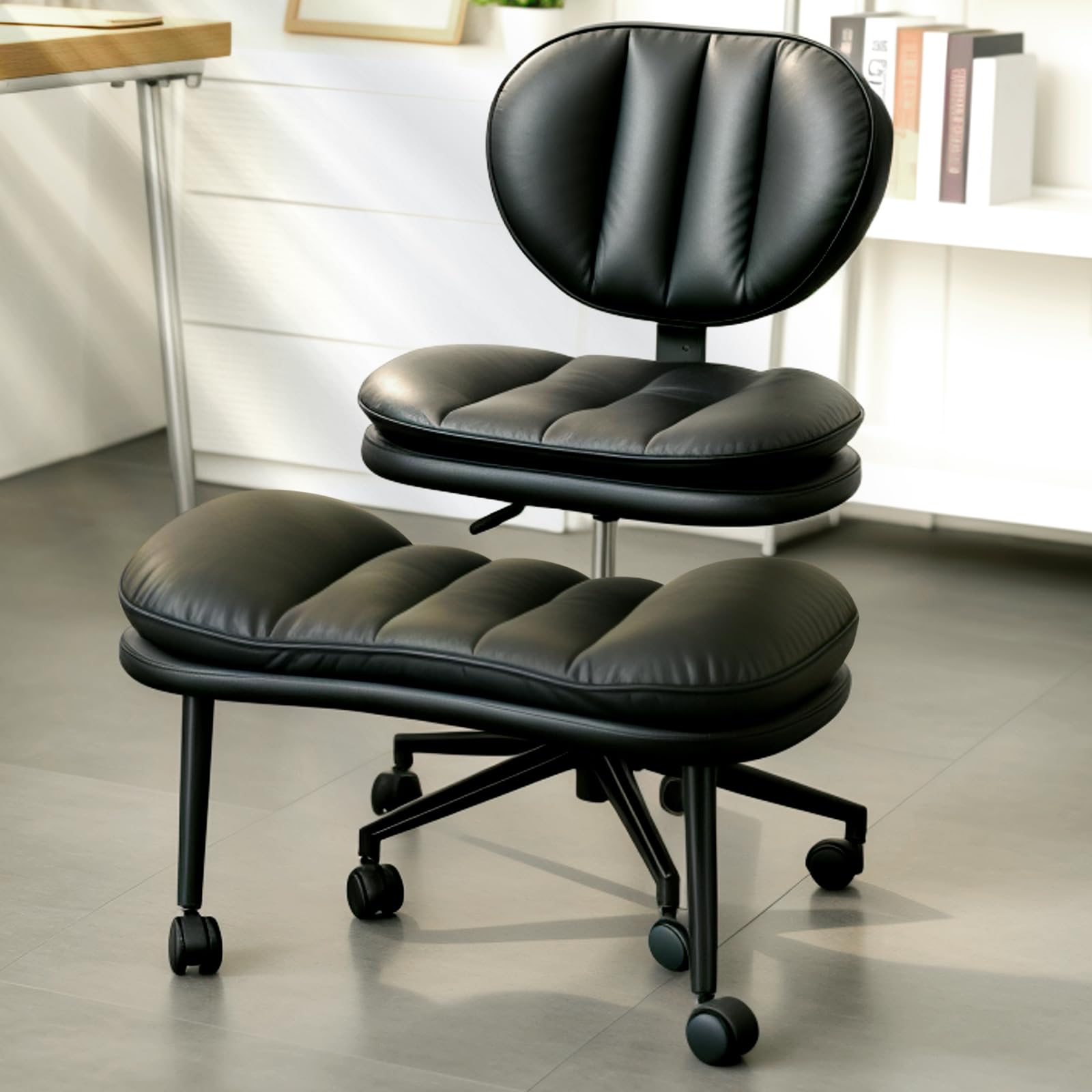 HOMRELEXA Bürostuhl mit Kreuzbeinen, 360° drehbar, Ergonomischer Kniestuhl, Criss Cross Schreibtischstuhl mit Verstellbarer Höhe, ADHS-Meditationsstuhl mit Rückenstütze, Cloud PU-Leder, Schwarz