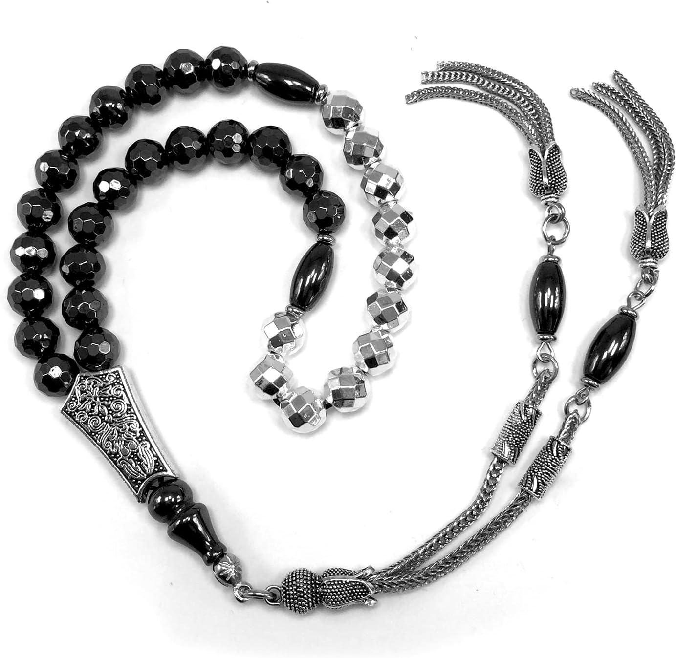 Design-Long & Stylist Tassels Collection Worry Beads-Prayer Beads-Tesbih-Tasbih-Tasbeeh-Misbaha-Subha-Sebha-Sibha-Rosary (Black and Silver Plated Hematite 8 mm 33 Beads & Bracelet)