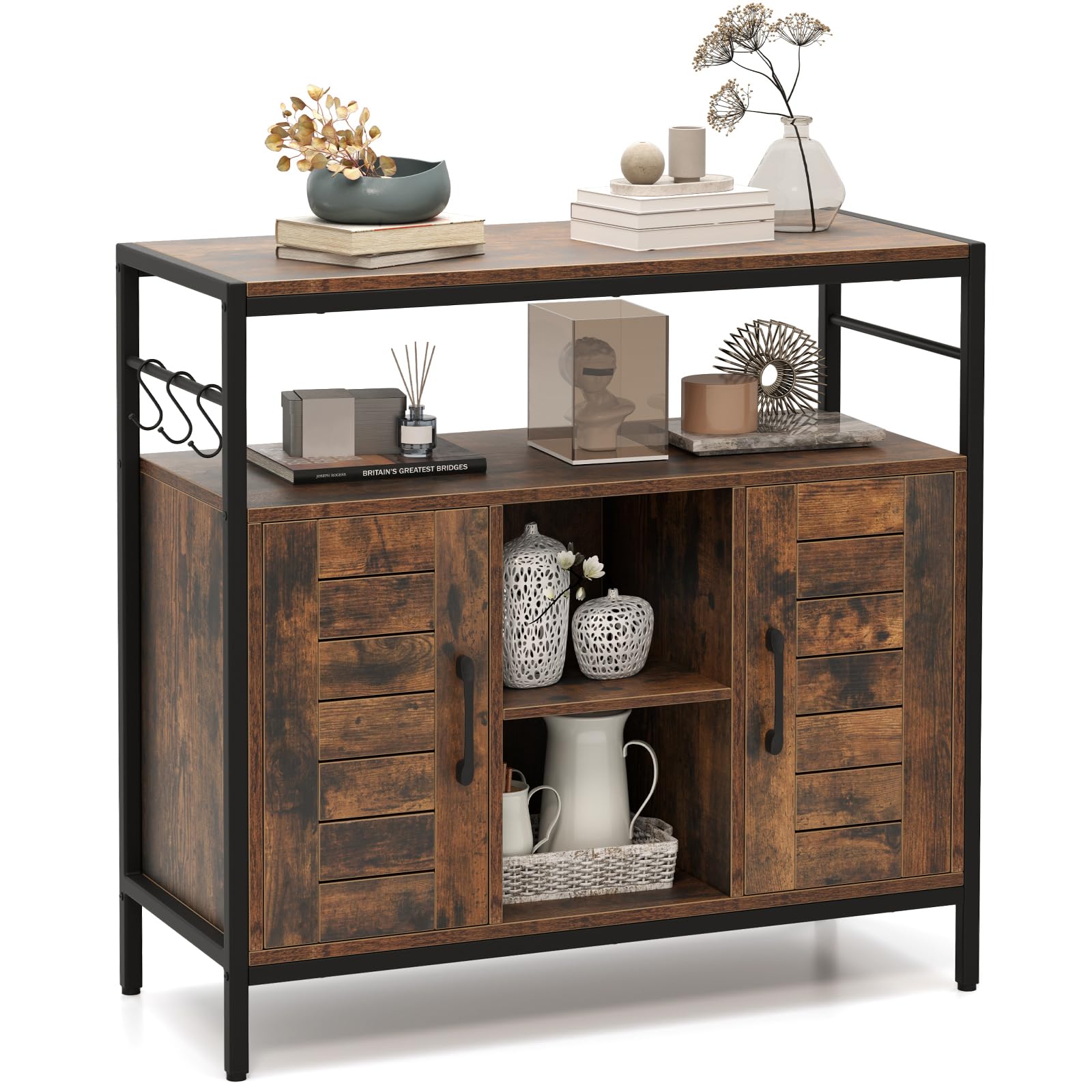 COSTWAY Buffet Sideboard, Kitchen Storage Cabinet with 2 Doors, Open Compartments, Adjustable Shelves & 3 Hooks, Industrial Bar Cabinet Display Cupboard Organiser for Dining Living Room Hallway