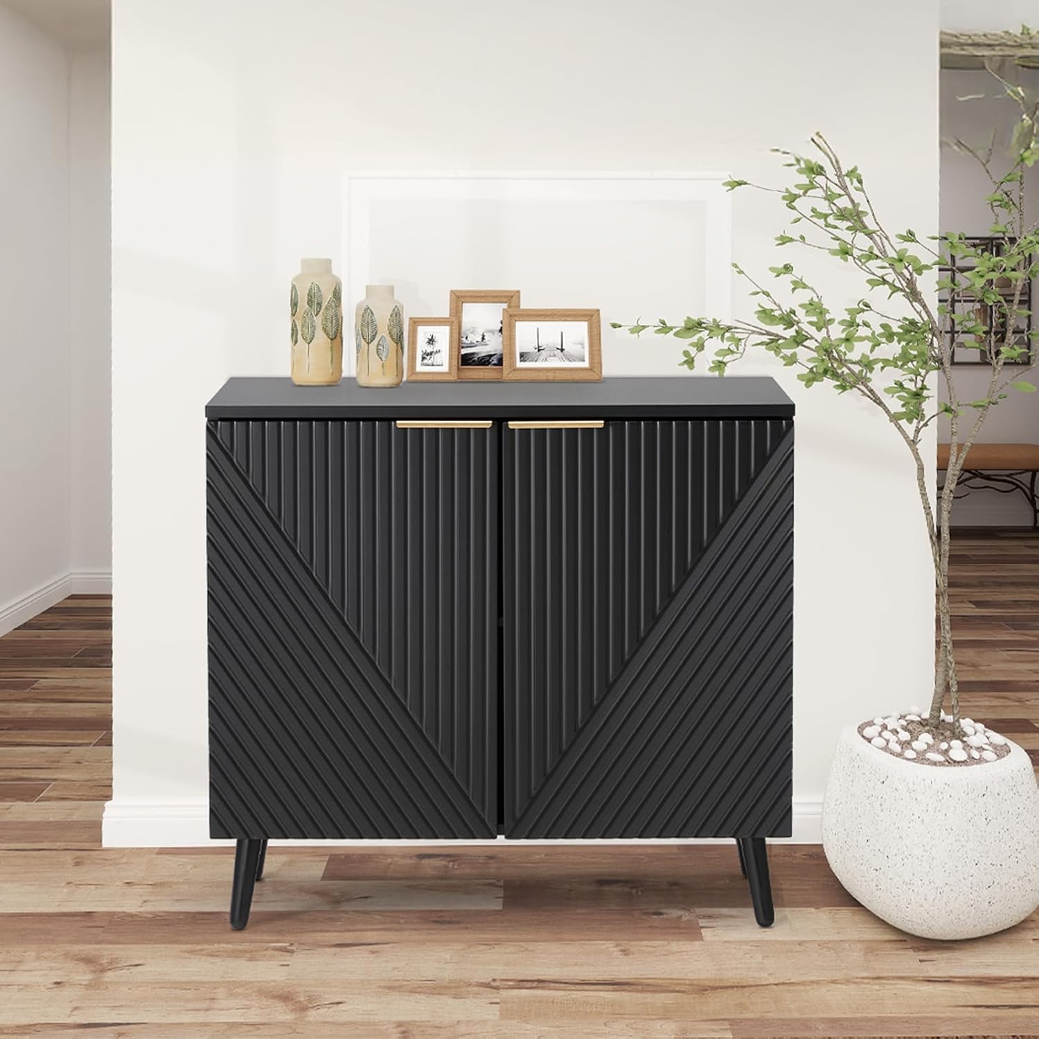 Fluted Black Storage Cabinet with Doors, Wood Sideboard Buffet Cabinet with Adjustable Shelf, Modern Accent Table for Living Room, Entryway