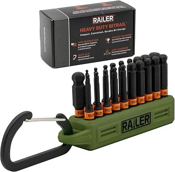 Railer 2-Inch Ball End Hex Bit Set, 20-Pc S2 Steel Metric/SAE with Torsion Zone, Compact Bit Holder Storage & Carabiner for Furniture Screws