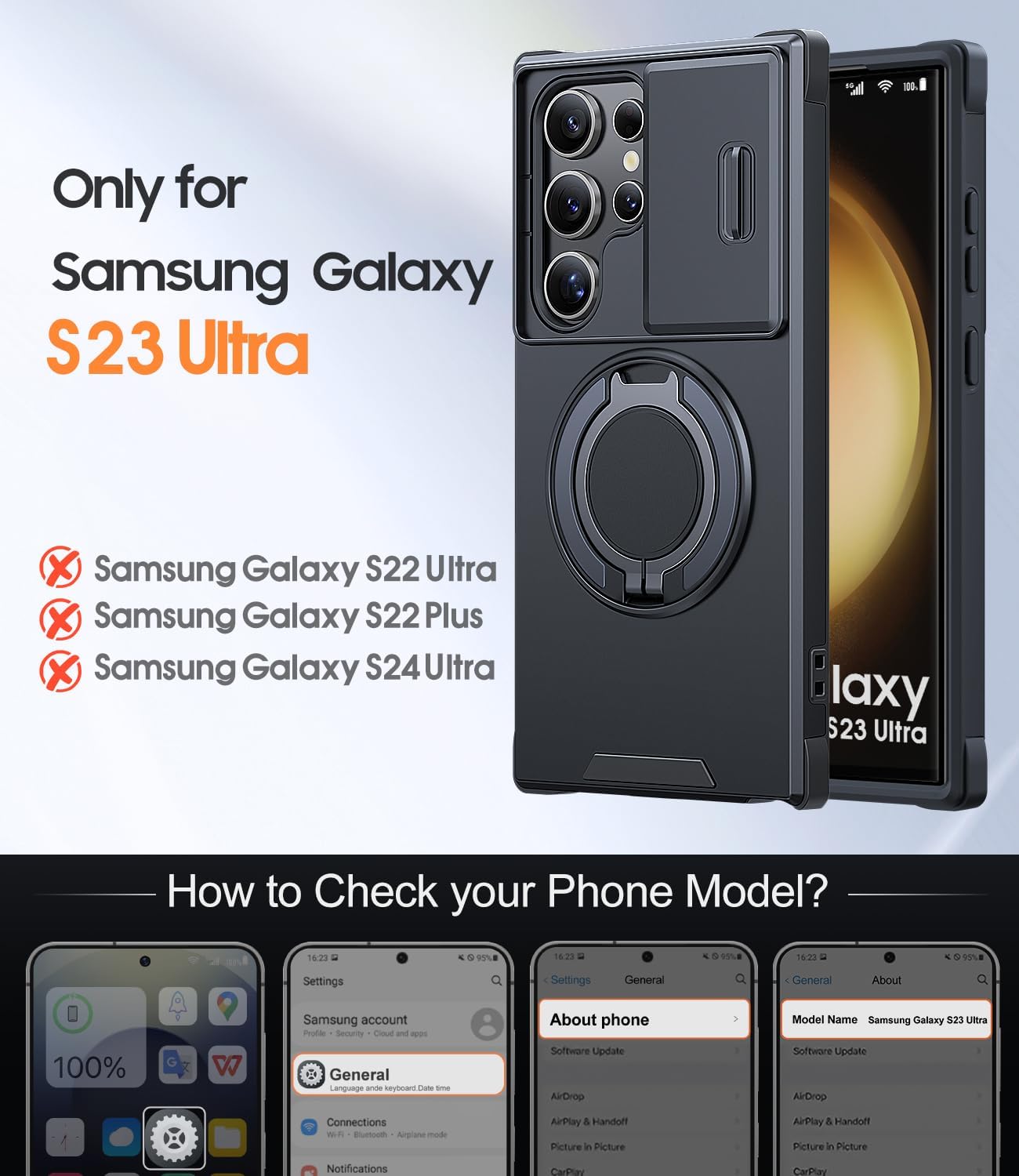 JAME for Samsung Galaxy S23 Ultra Case with Ring Stand Slide & Camera Cover image 2