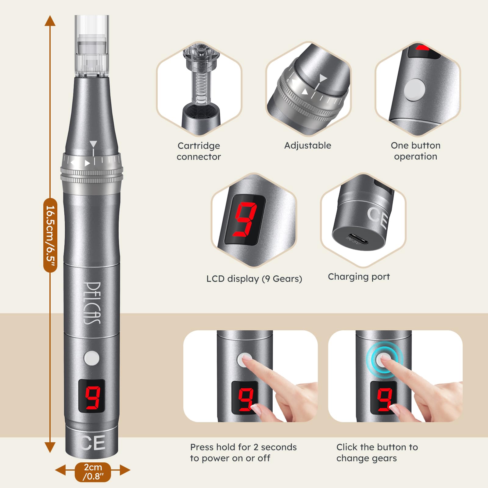9 Vitesses Stylo Beauté Microneedling, PELCAS Appareil de Soin du Visage et du Corps avec Écran LCD et 12 Embouts, Réglage Personnalisé