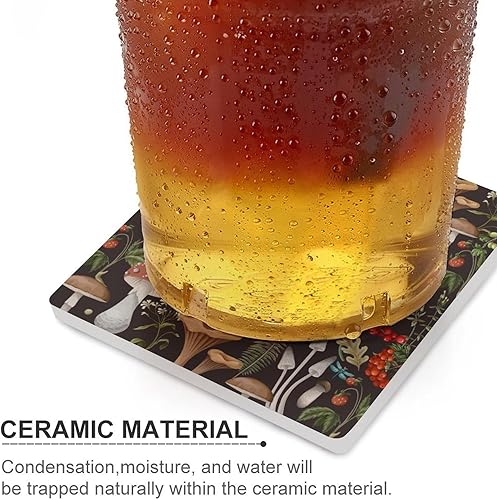 Miniatura 4 de Square-4 posavasos botánicos de cerámica, posavasos cuadrados absorbentes para bebidas, diseño de hongos botánicos abstractos de dibujos animados