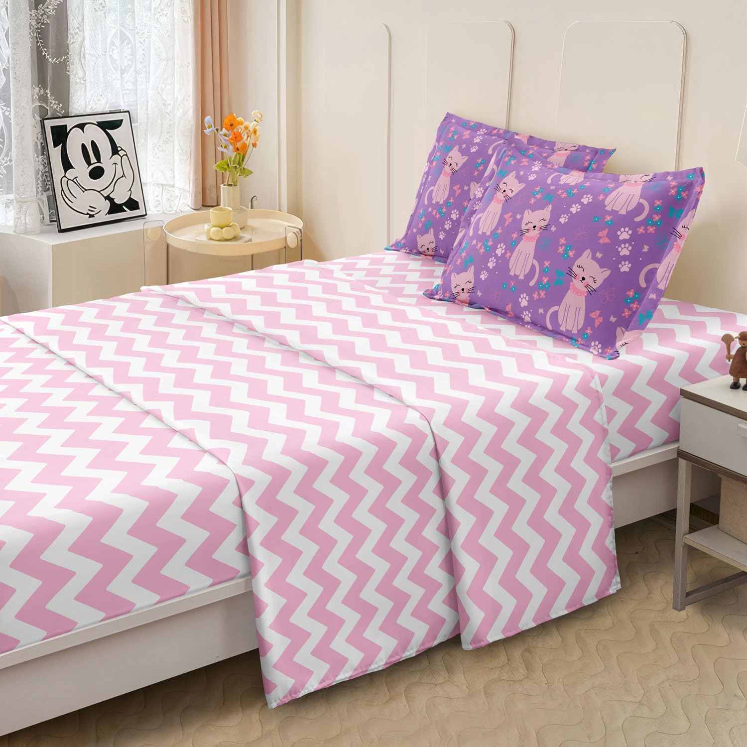 5 Piece Girls Cat Comforter Set Twin Size Bed in A Bag Pink Cute Cartoon Cats Bedding Set for Kids Teens (1 Comforter, 1 Flat Sheet, 1 Fitted Sheet, 2 Pillowcases), Purple Pink - Image 6