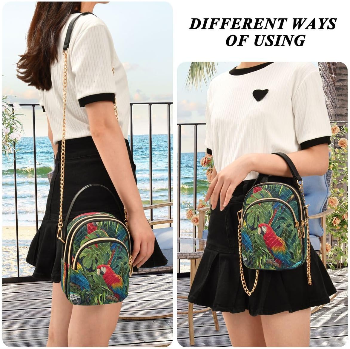 ALAZA Cute Parrot Bird Palm Leaf Tree Crossbody Bag Small Shoulder Handbags Leather Purse for Women
