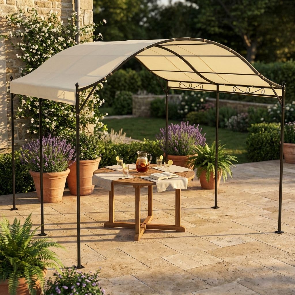 MilaniHome.it - Gazebo 3x4 A Onda in Metallo Ferro Nero con Telo Beige per Esterno Giardino Ricovero Copri Autodi coloreAntracite