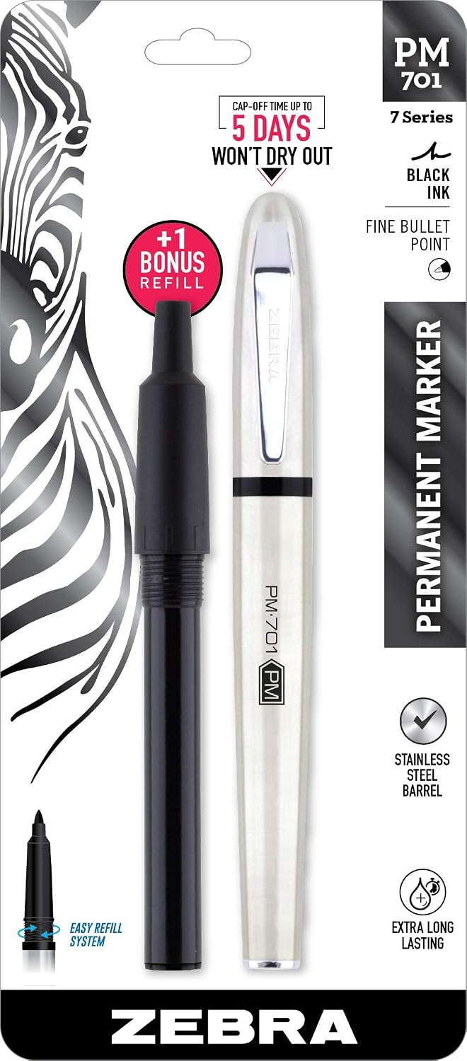 Zebra Pen PM-701 Permanent Marker, Stainless Steel Barrel, Fine Bullet Tip, Black Ink, Refillable, 1-Pack with Refill