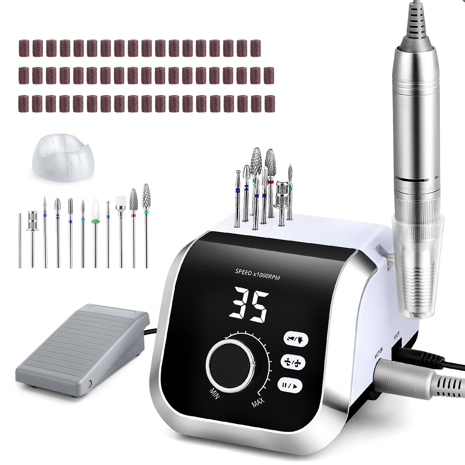 Gel Nail Mill 45000RPM Professional Nail Milling Machine Electric Nail File with Foot Pedal 45 Gear Levels LCD Display F/R Rotation Direction Nail Pause Function-image-5
