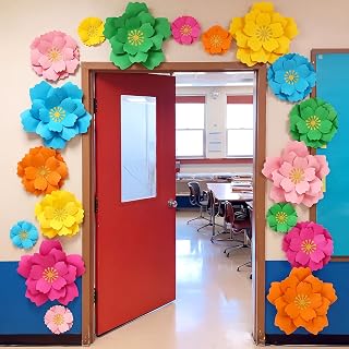 18 Pcs Paper Flowers Decor for Wall DIY Flower Bulletin Board 3D Spring Fiesta Mexican Paper Floral Decoration for Photo Backdrop Classroom Back to School Party(Circular,Rainbow)