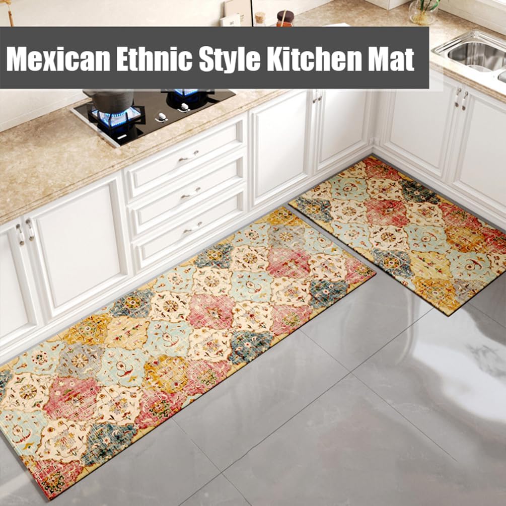 Mexican Ethnic Colorful Kitchen Rug Anti-Fatigue Farmhouse Kitchen Floor Mats Absorbent Non-Skid Kitchen Runner Rugs Cushioned Ergonomic Standing Mat for Office,Sink,Laundry 18" x 59"