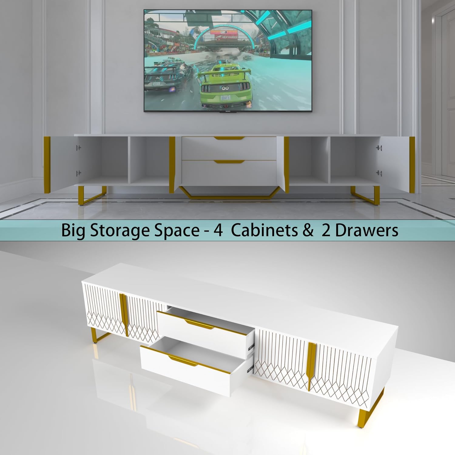Luxury TV Stand for 55 65 75 Inch TV, Carving Design Entertainment Center for 50 60 70 Inch TV, Metal Legs TV Console TV Table Equipped with Two Drawers and Cabinets, White