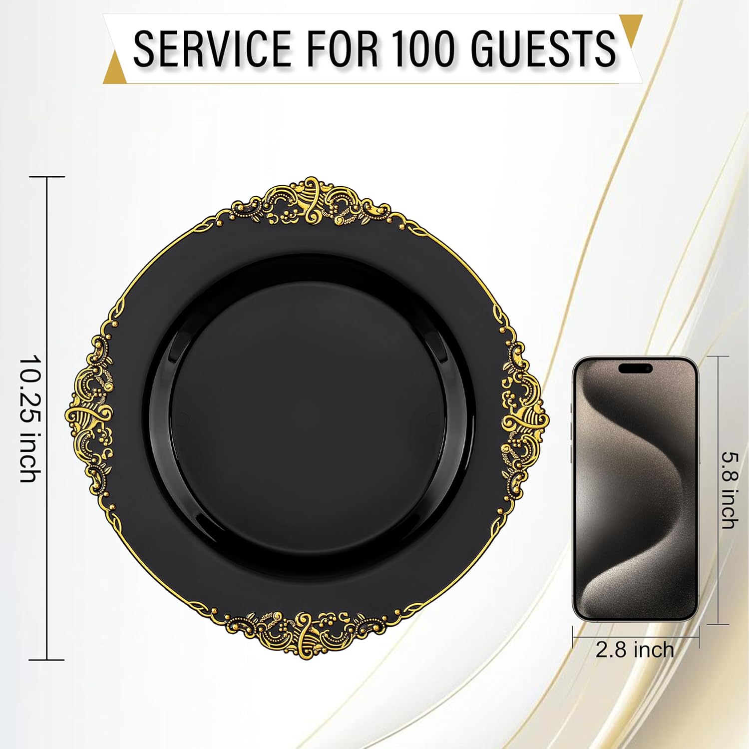 Nervure 100PCS Black and Gold Plastic Plates - 10.25Inch Black Disposable Plates - Black Plastic Dinner Plates for Wedding & Party & New Year - Image 9