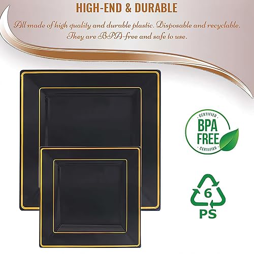 Miniatura 6 de Kaya Platos llanos cuadrados de 9.5 pulgadas  Blanco con borde dorado  Paquete de 10