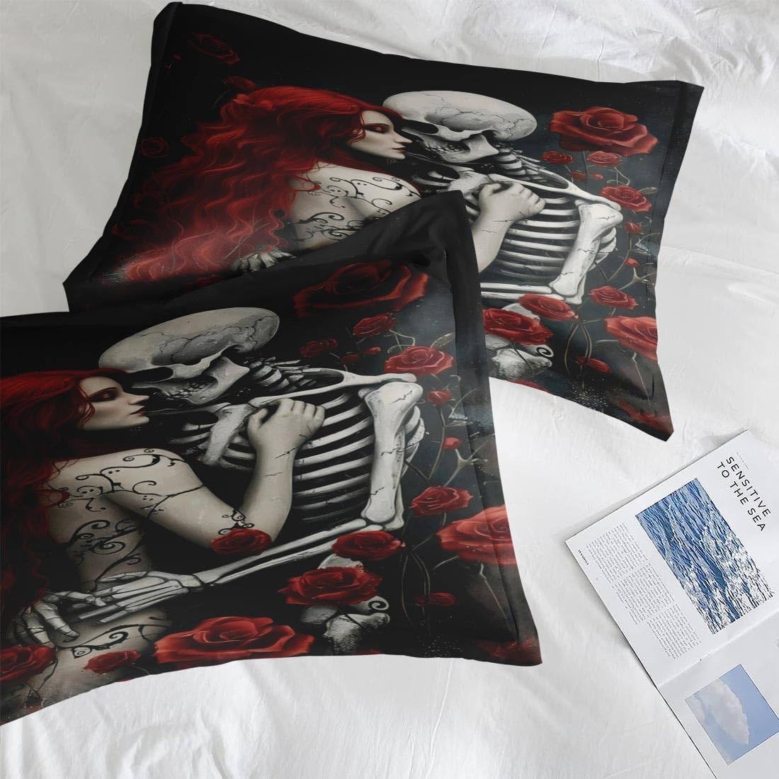 Comforter Set King Size, Death Skeleton Black 7 Pcs Bedding for Kids and Adults, Lover Rose Bed Sheet Sets with Fitted Sheet 2 Pillowcases & 2 Shams for Bedroom Bed Decor - Image 7