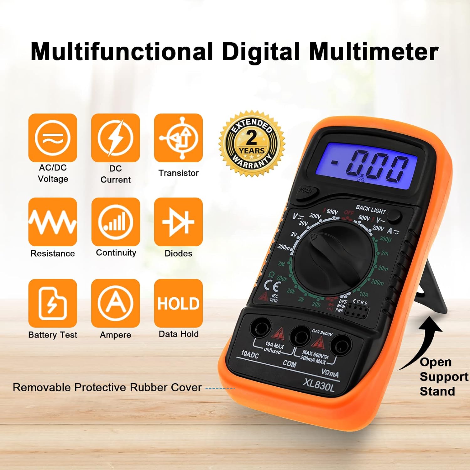 Digital Multimeter Voltmeter Battery Circuit Multi Tester OHM Volt Amp AC DC Voltage Current Continuity Resistance Diodes Electrical Test Meter with Test Leads LCD Display