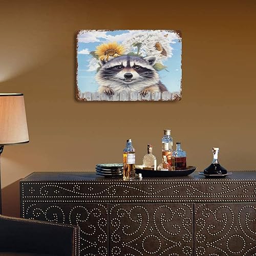 Miniatura 6 de Zomyto Cartel de metal con imágenes de mapache para pared, lindo mapache con girasol, letreros de lata novedosos para habitación de niños, póster de
