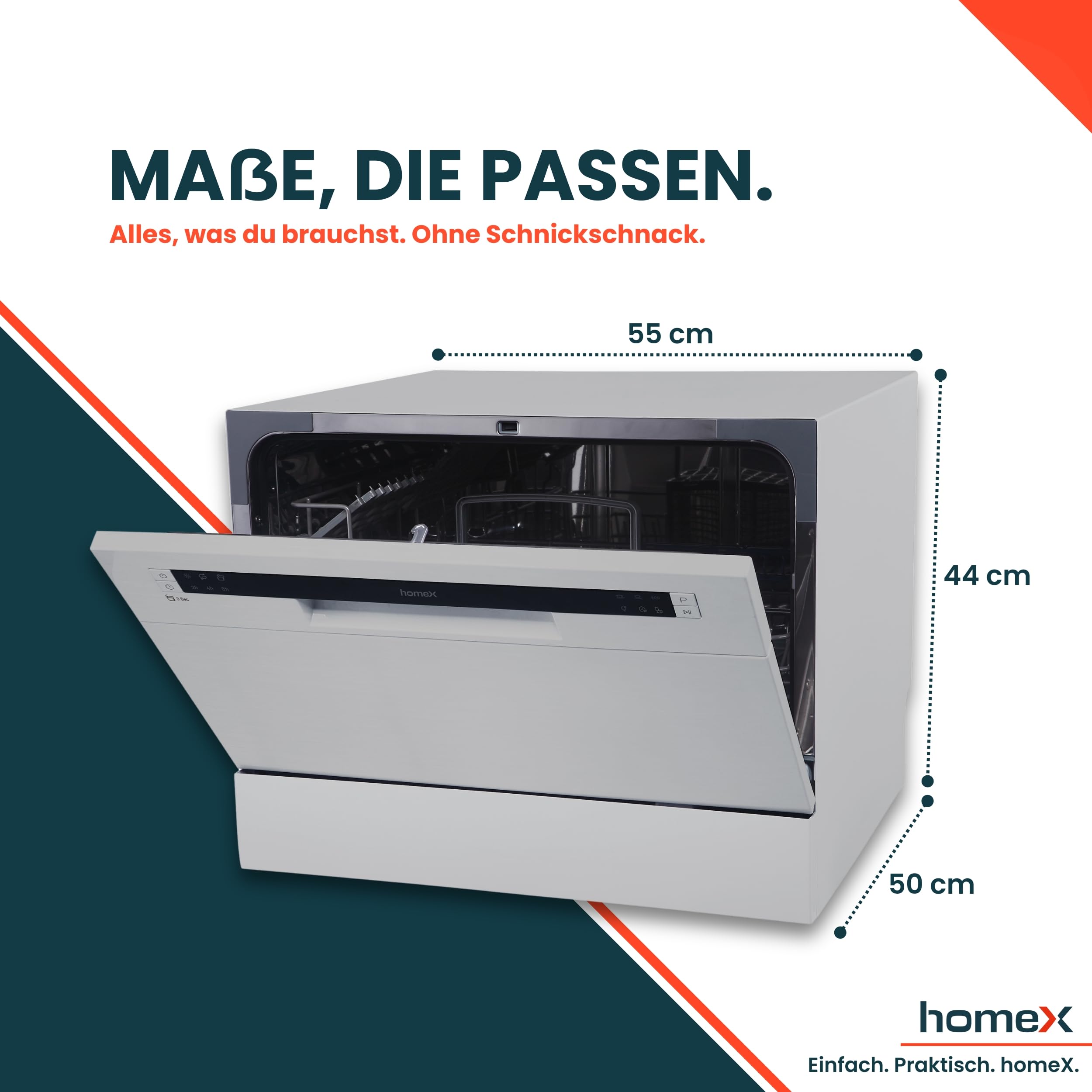 homeX GST6AD-S Tischgeschirrspüler Mini Geschirrspüler für 6 Maßgedecke | 6 Programme, Spülmaschine klein, AquaStop, automatische Türöffnung, ideal für kleine Wohnungen, Tischspülmaschine, silber