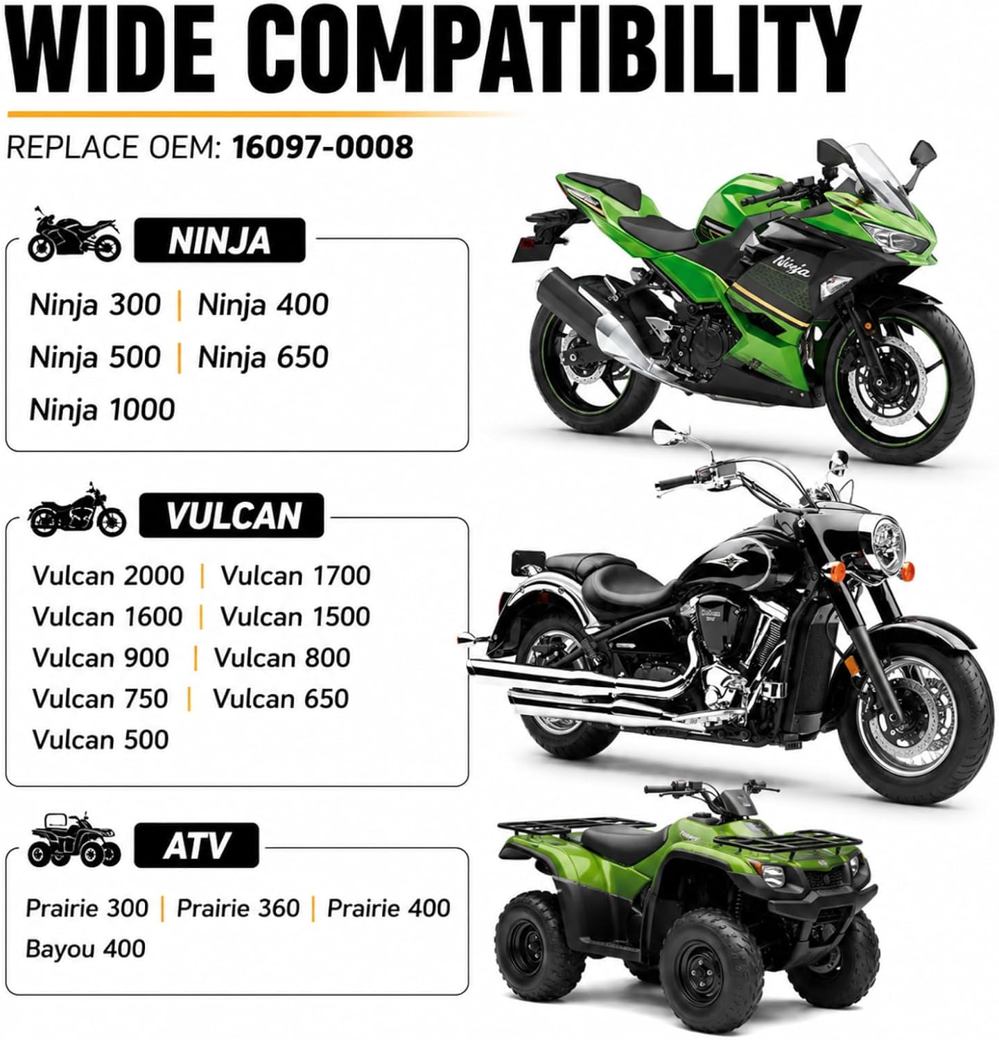16097-0008 Oil Filter Replacement for Kawasaki Ninja 400 650 ZX-6R Z900 | Fits Kawasaki Ninja 300/400/1000, ZX-12R/14R, Vulcan 500-2000, Prairie 300/360/400, Bayou 400, Z600/Z750/Z800/Z1000.