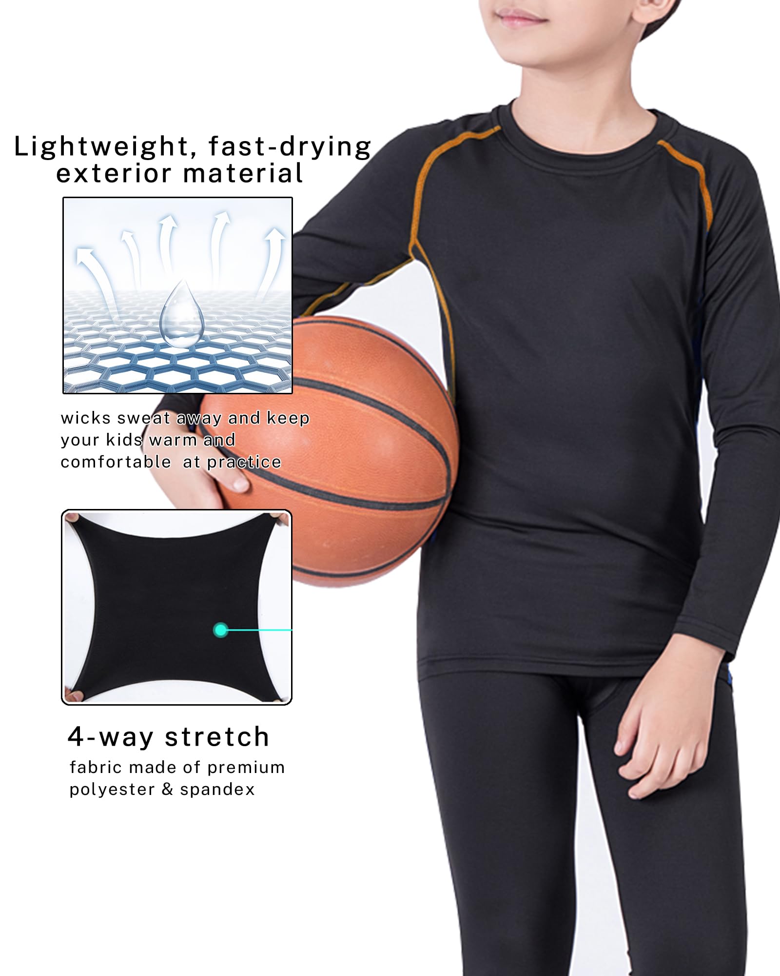 AYESZEQ 2 Pack Youth Boys & Girls Long Sleeve Compression Shirts Sports Base Layer for Kids Cold Gear Orange Line XL