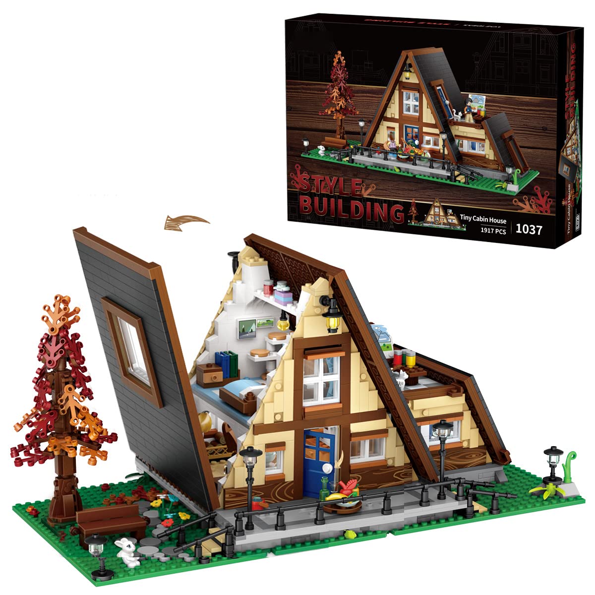 A-shaped wooden cabins construction kit, triangular forest huts, mini building block, construction construction model kit, 1917 pieces, for teenagers and adults, construction toy sets for children,