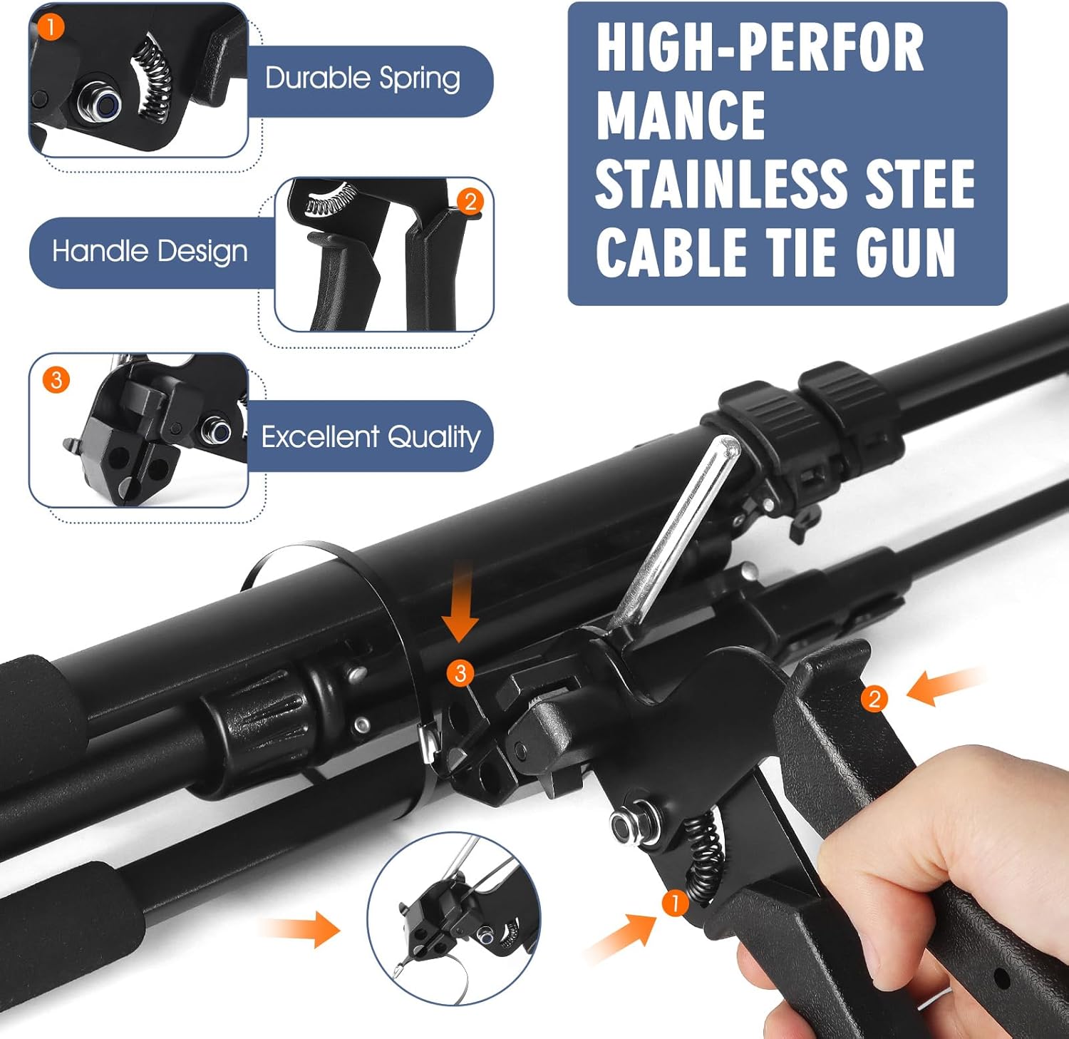 Stainless Steel Zip Ties Gun Set, with 300PCS Black Metal Zip Ties (100 Each of 6, 8, 11.8 Inch), Heavy Duty Fastening Cutting Tie Tool Sets for Chain Link Fence, Exhaust Pipes, Automotive