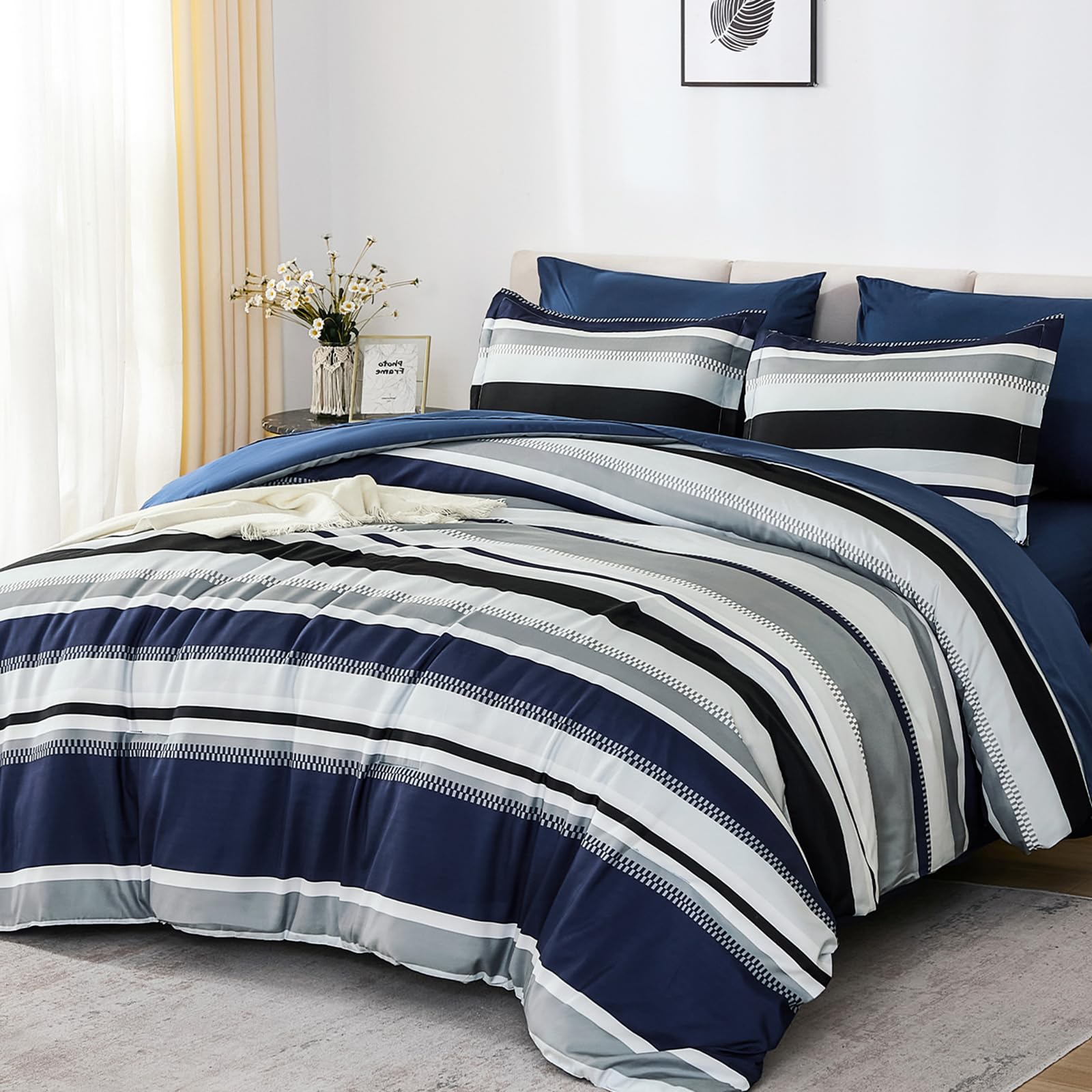 WONGS BEDDING Queen Comforter Set 7-Piece, Navy Blue Striped Bed in a Bag