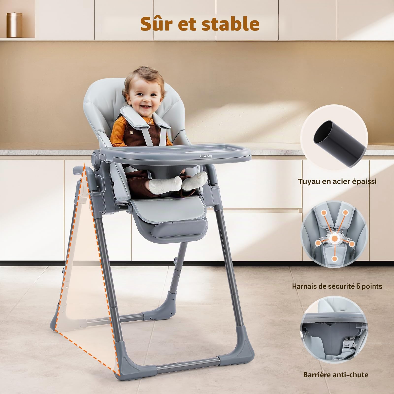Ezebaby Chaise Haute Bébé Evolutive Chaise enfant 6 Réglable en Hauteur, Pliable, avec Roues Intégrées et Harnais de Sécurité à 5 Points Idéale pour Manger et Jouer (Gris)