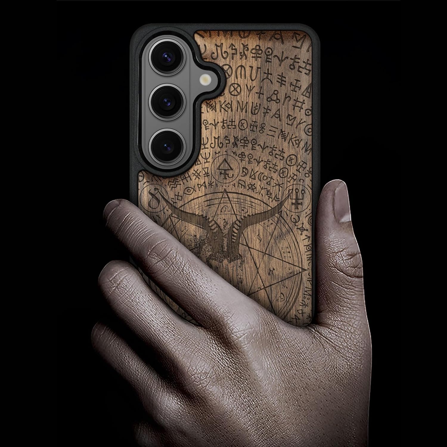 Carveit Magnetic Wooden Case for Galaxy S26+ Samsung S26 Plus Case, TPU Shockproof Cover & Wood Engraved, Compatible with MagSafe Wireless Chargers (Goat Skull and Pentagram) Walnut