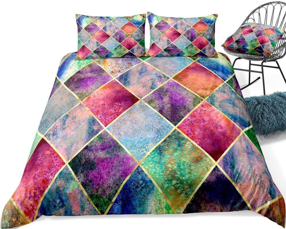 zpangg Watercolor Geometric Plaid Duvet Cover Set Rainbow Argyle Bedding Gold Glitter Line Quilt Cover Home Textiles Single