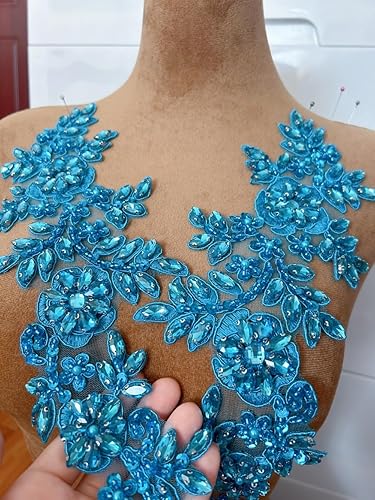 Vista 53 de 1 par de decoraciones de vestido de novia de 5.1 x 13.4 in, parches de encaje para coser con cuentas de diamantes de imitación sueltas, piedras