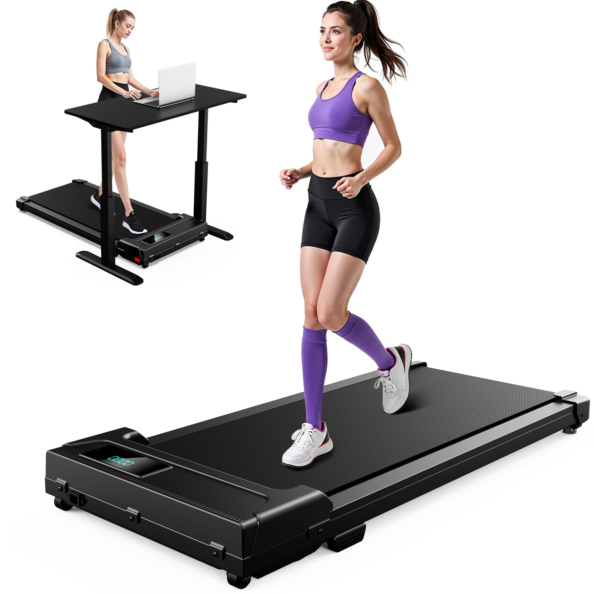 Tapis de Course Électrique 3 en 1 Walking Pad Compact avec LED et Télécommande, Tapis Roulant Silencieux pour Maison