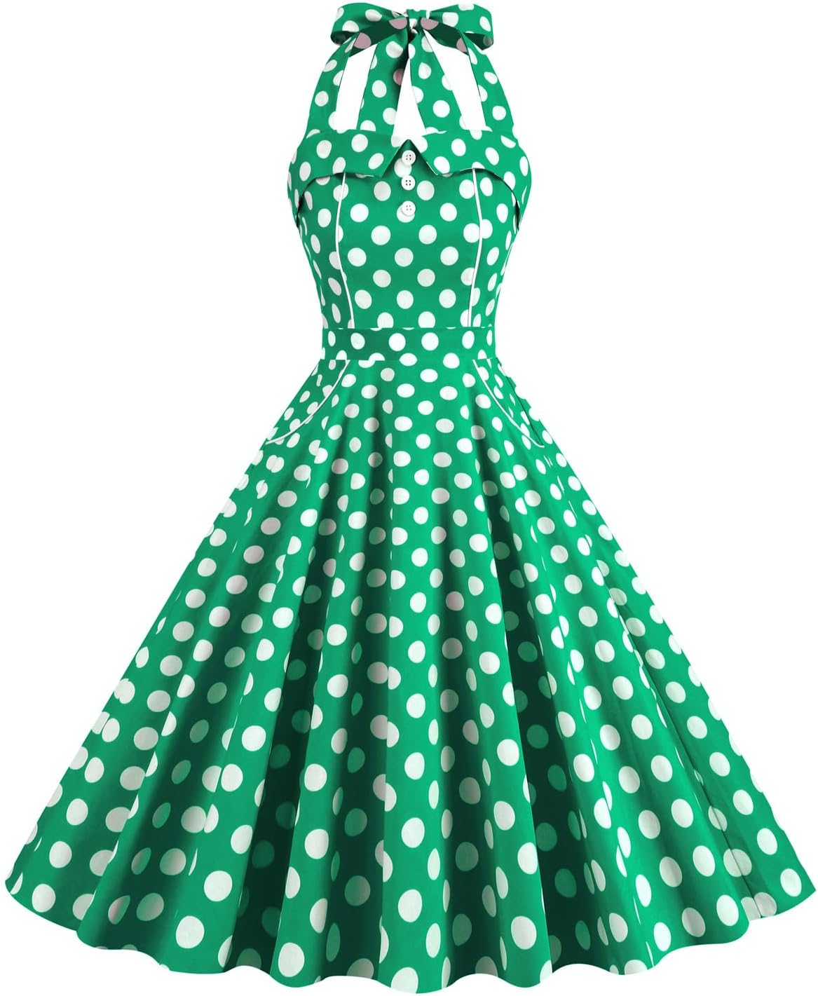 Wellwits Women's Pocket Lace-up Back Halter Polka Dots Vintage Dress