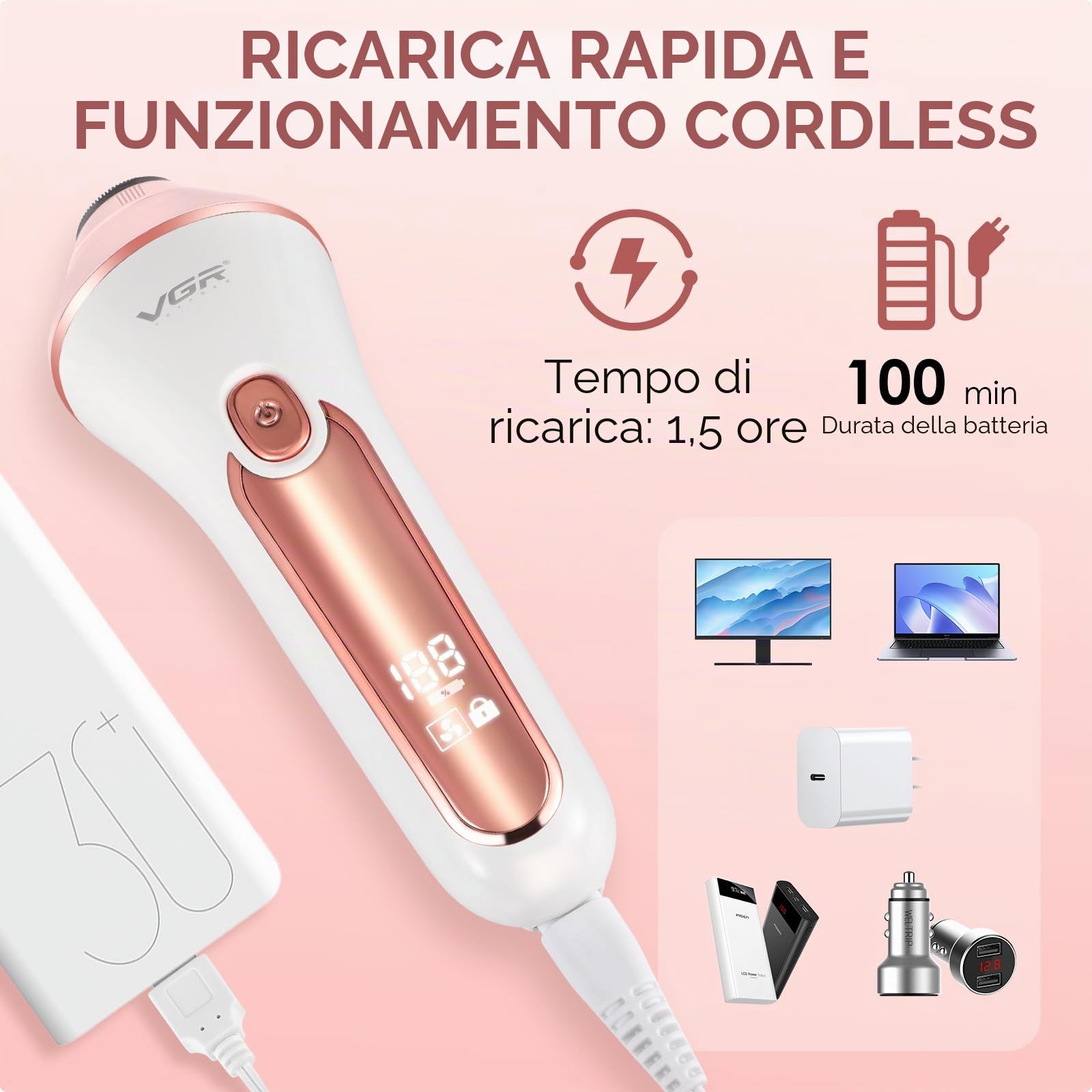 Epilatore viso donna 6 in 1 epilatore elettrico donna senza fili display LED ricaricabile, rasoio elettrico asciutto e bagnato con spazzola esfoliante, spazzola di pulizia, testa di massaggio