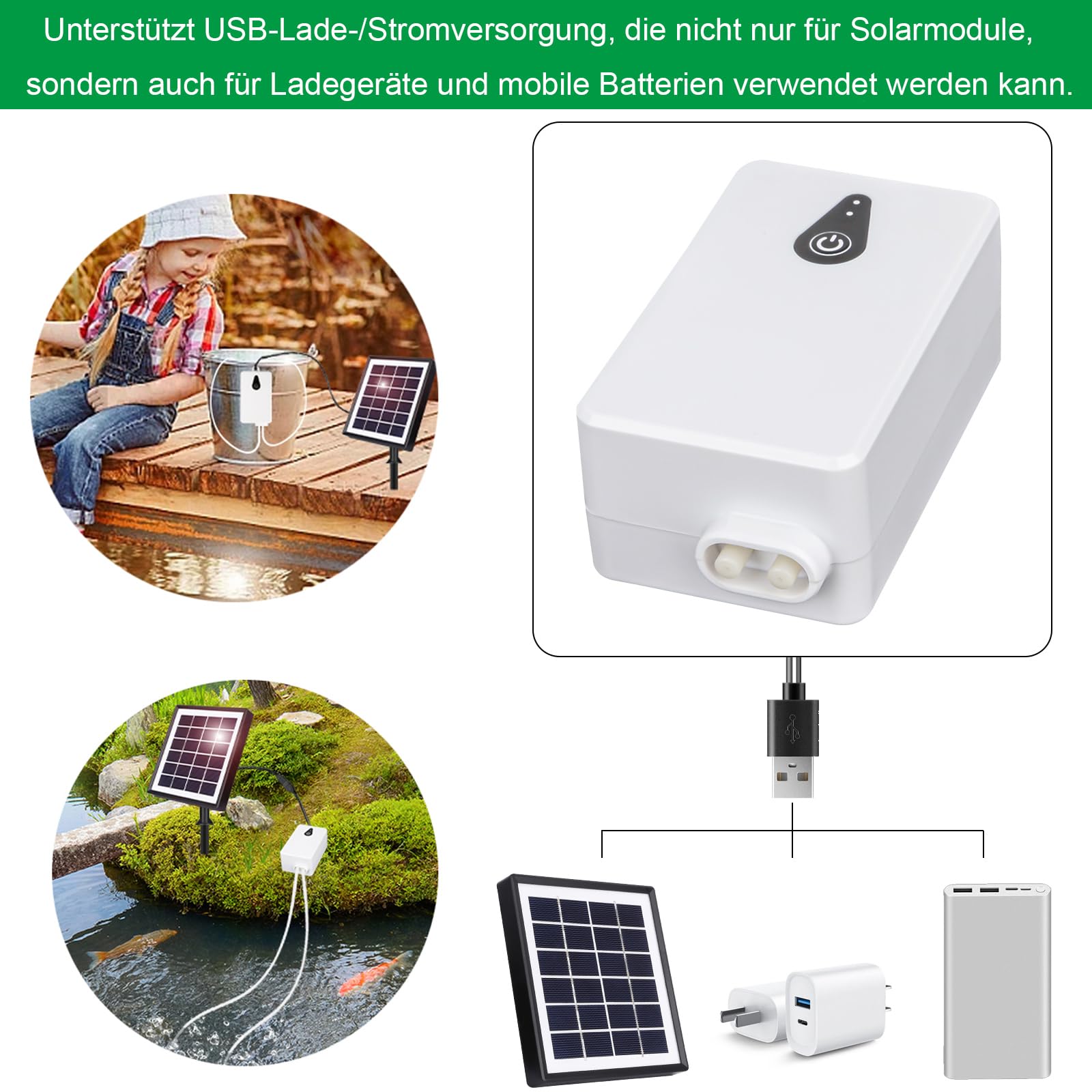 Pompes à air solaires, chargement USB et chargement solaire sont disponibles, oxygénateur de 2 W pompe à air d'aquarium, aérateur de pêche avec tube, pierres à bulles, pompe à oxygène solaire