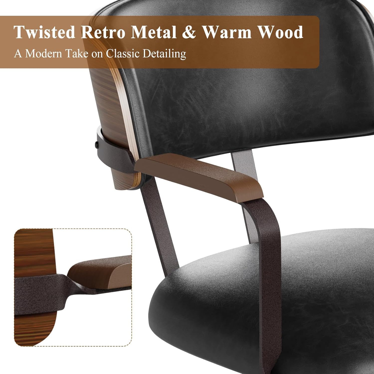 Mid-Century Modern Desk Chair with Walnut Bentwood Design,Retro Home Office Chair with Adjustable Height,360°Swivel,Smooth Rolling Casters,Small Computer Chair PU Leather (Black)